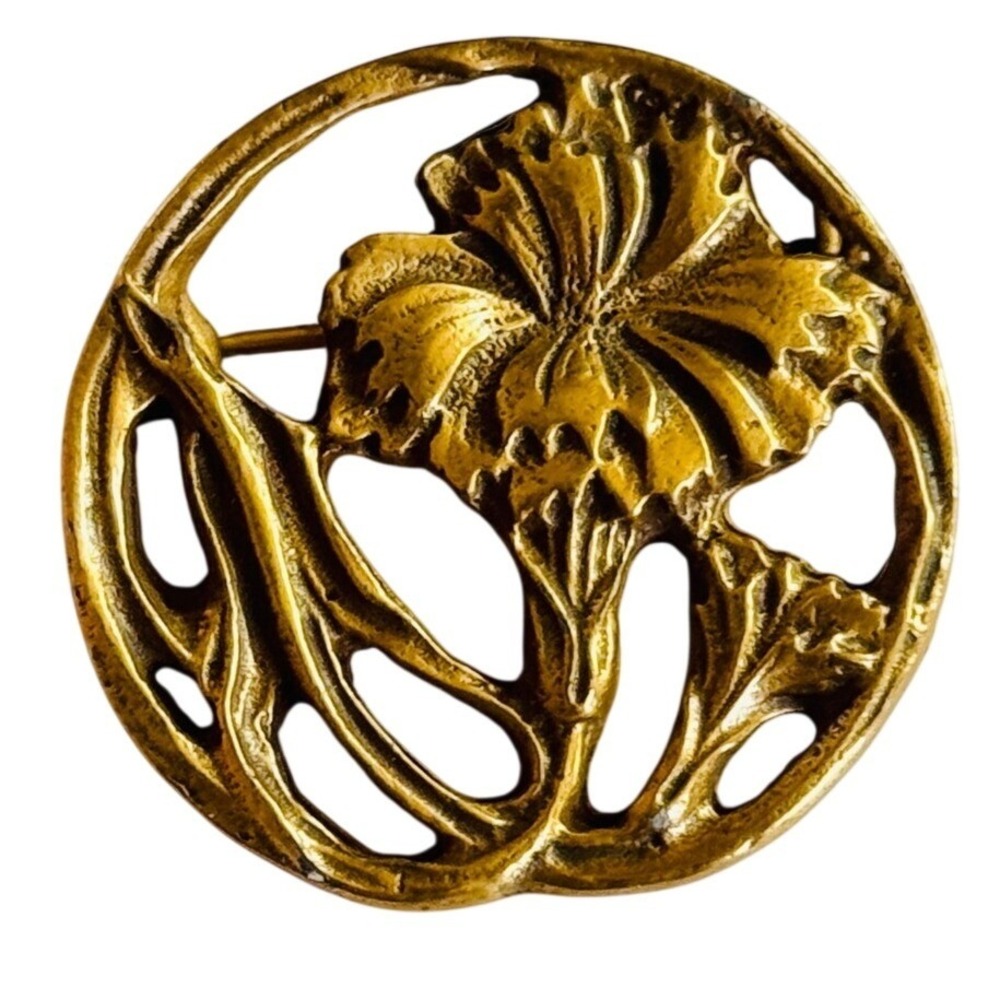 VTG Flower Art Nouveau Revival ALVA Museum Replica Brooch Pin Floral bronze gilt